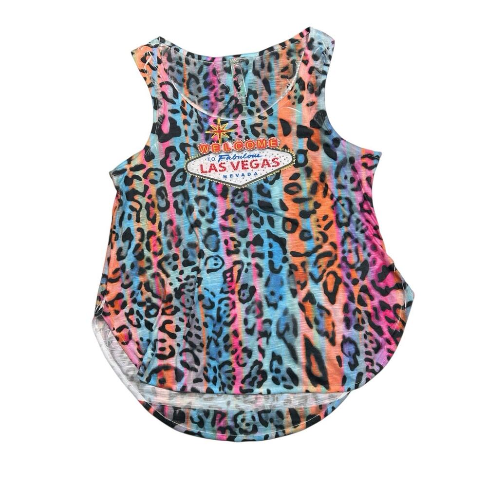 Y2K Women XL Rainbow Cheetah Las Vegas Nevada Graphic Tank Top Rhinestone Bling - Picture 1 of 8